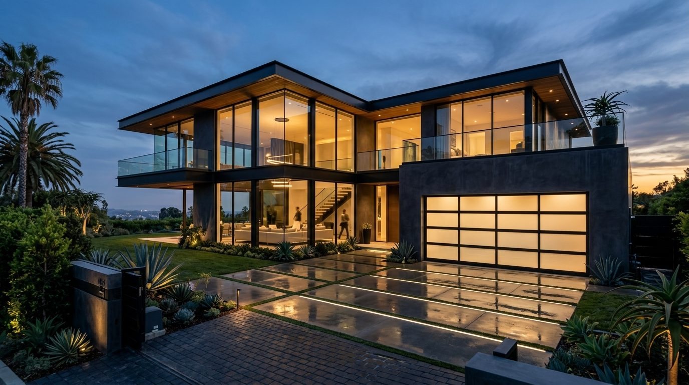 Rania Rapid Garage Door Exterior Closed Garage Door at Twilight